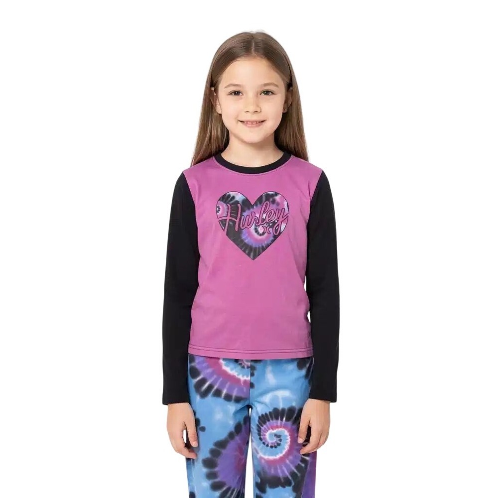 Hurley Girls 2 Piece Pajama Set Pink Black Tie Dye Heart Long Sleeve Size 6 NWT
